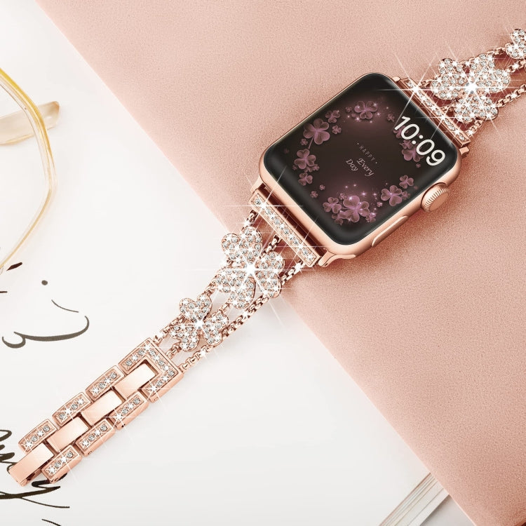 3-Leaf Clover Diamond Watch Band For Apple Watch Ultra 49mm&Watch Ultra 2 49mm / Series 9&8&7 45mm / SE 3&SE 2&6&SE&5&4 44mm / 3&2&1 42mm(Rose Gold)