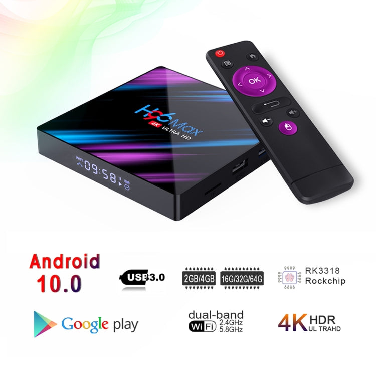 H96 Max-3318 4K Ultra HD Android TV Box with Remote Controller, Android 10.0, RK3318 Quad-Core 64bit Cortex-A53, 4GB+32GB, Support TF Card / USBx2 / AV / Ethernet, Plug Specification:UK Plug