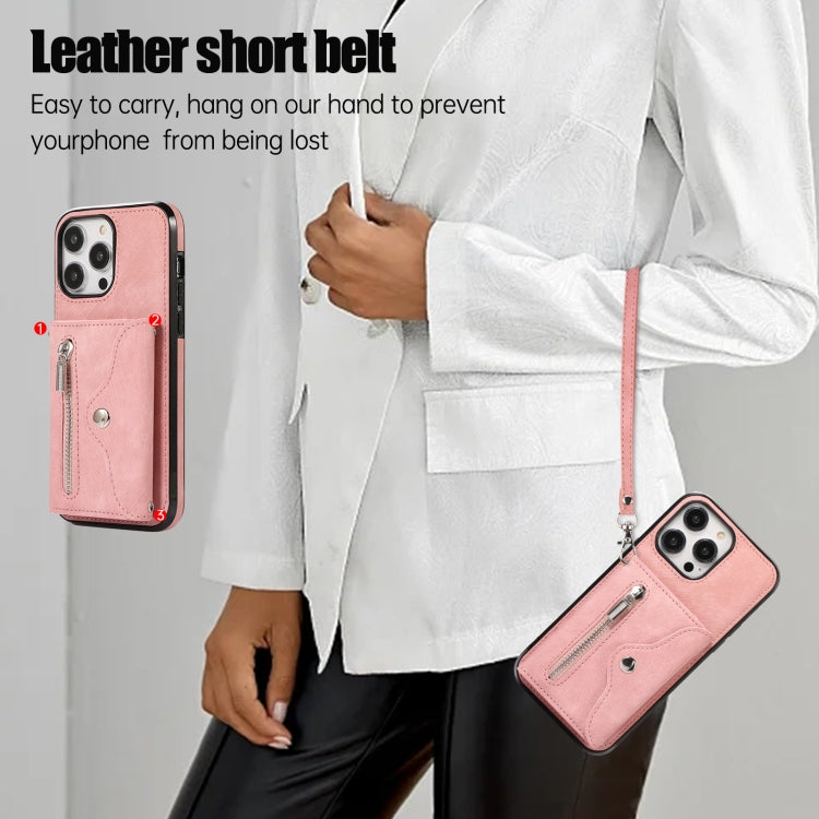 Zipper RFID Card Slot Phone Case with Short Lanyard, For iPhone 13 mini, For iPhone 13, For iPhone 13 Pro, For iPhone 13 Pro Max