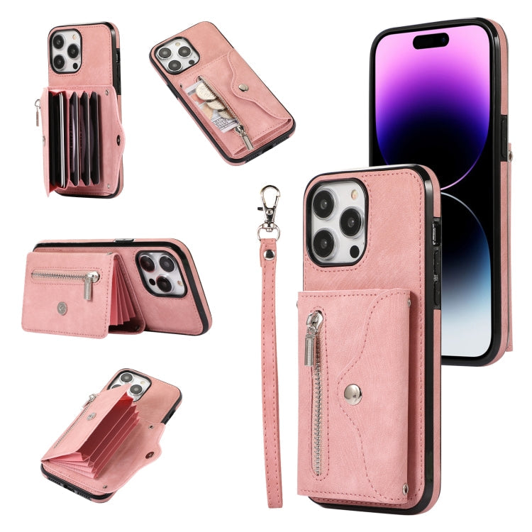 Zipper RFID Card Slot Phone Case with Short Lanyard, For iPhone 13 mini, For iPhone 13, For iPhone 13 Pro, For iPhone 13 Pro Max