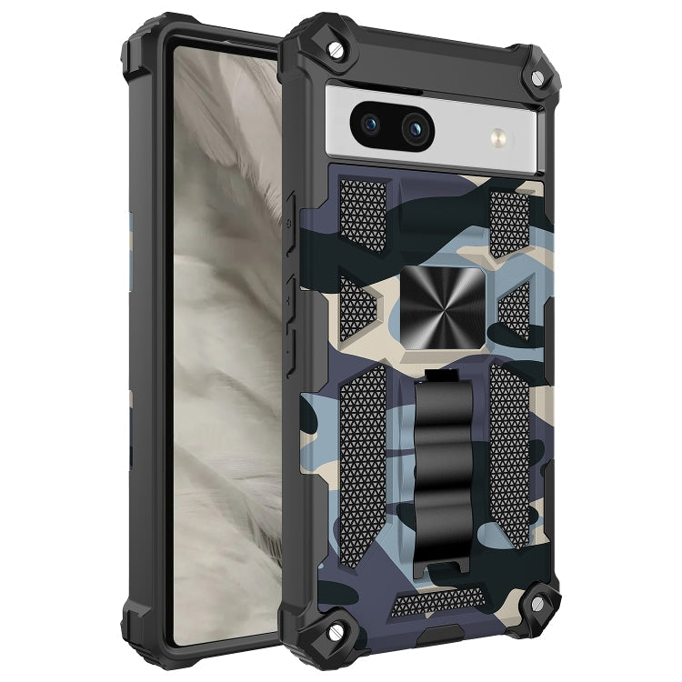 For Google Pixel 7a Camouflage Armor Kickstand TPU  PC Magnetic Phone Case(Navy Blue)