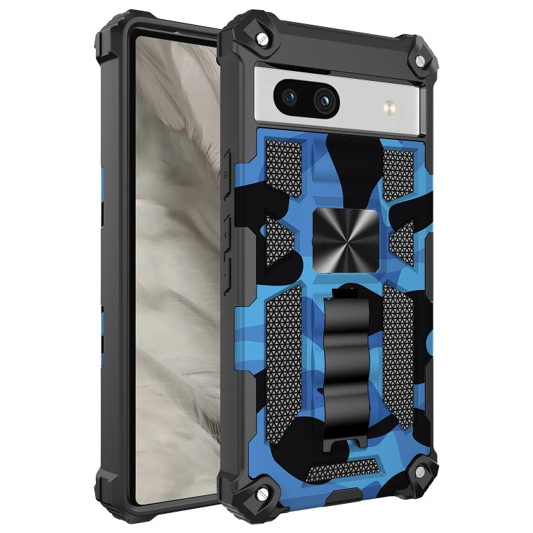 For Google Pixel 7a Camouflage Armor Kickstand TPU  PC Magnetic Phone Case(Blue)