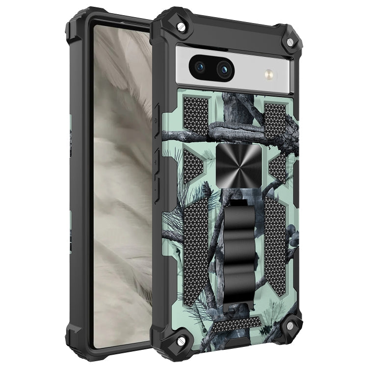 For Google Pixel 7a Camouflage Armor Kickstand TPU  PC Magnetic Phone Case(Mint Green)
