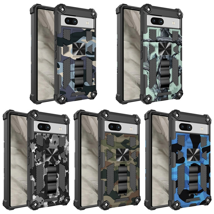 For Google Pixel 7a Camouflage Armor Kickstand TPU  PC Magnetic Phone Case(Mint Green)