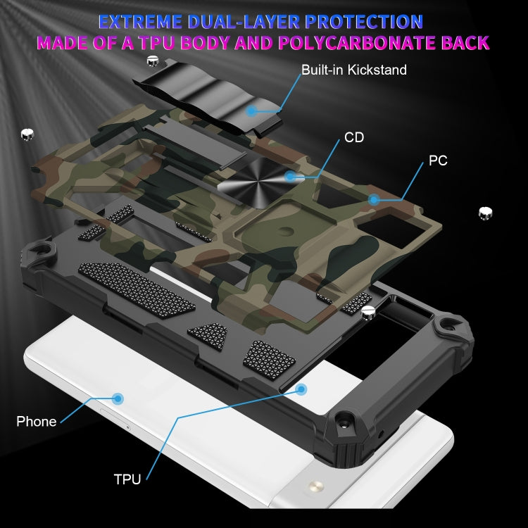 For Google Pixel 7a Camouflage Armor Kickstand TPU + PC Magnetic Phone Case(Army Green)