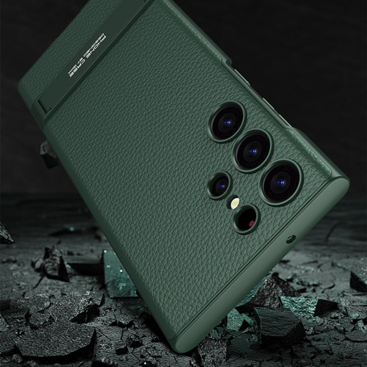 For Samsung Galaxy S23 Ultra 5G GKK Triumph Ultra-Thin Plain Leather Phone Case with Holder(Green)