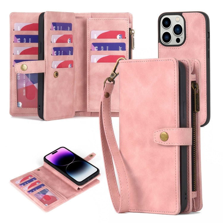 For iPhone 14 Pro Zipper Wallet Magnetic Detachable Leather Phone Case(Pink)