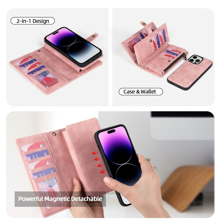 For iPhone 14 Pro Zipper Wallet Magnetic Detachable Leather Phone Case(Pink)