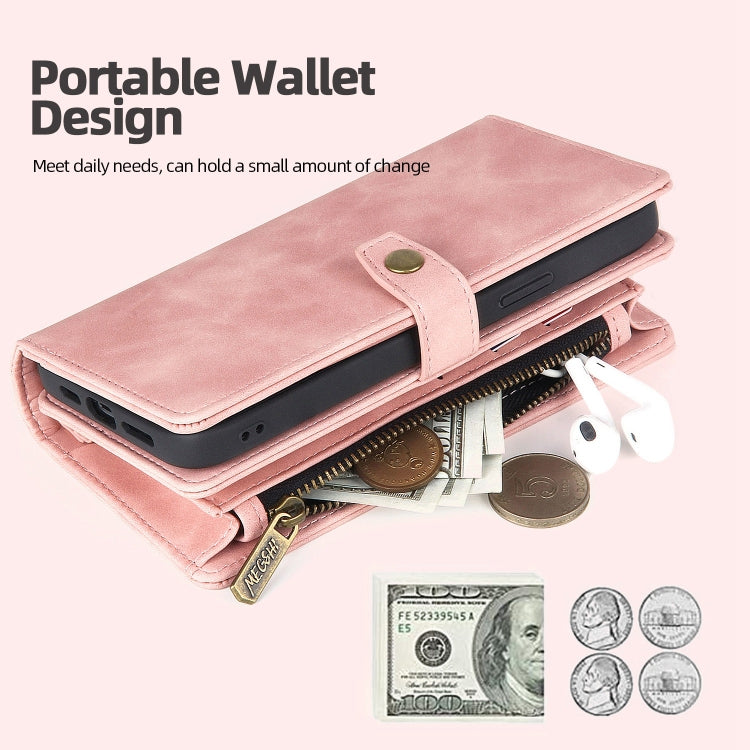For iPhone 14 Plus Zipper Wallet Magnetic Detachable Leather Phone Case(Pink)