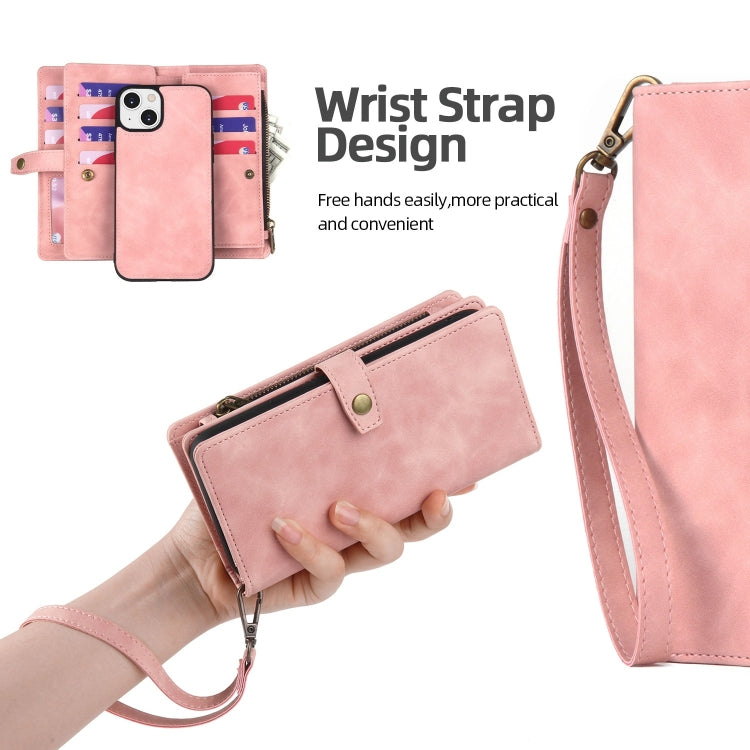 For iPhone 14 Plus Zipper Wallet Magnetic Detachable Leather Phone Case(Pink)