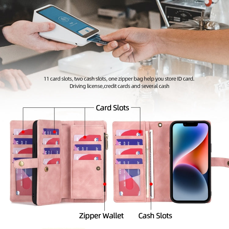 For iPhone 14 Plus Zipper Wallet Magnetic Detachable Leather Phone Case(Pink)