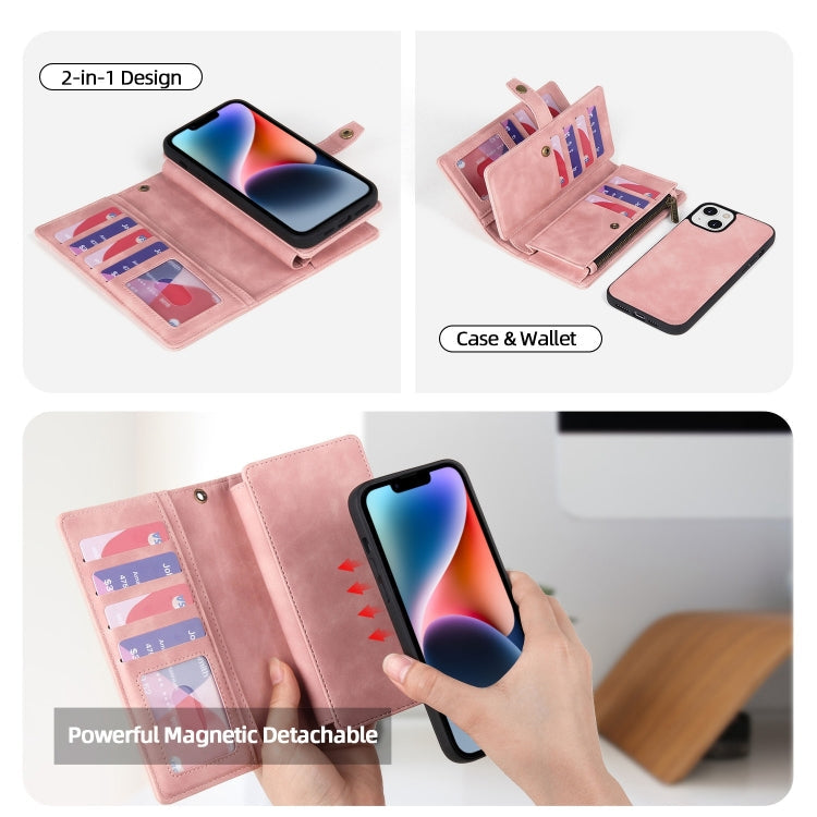 For iPhone 14 Plus Zipper Wallet Magnetic Detachable Leather Phone Case(Pink)
