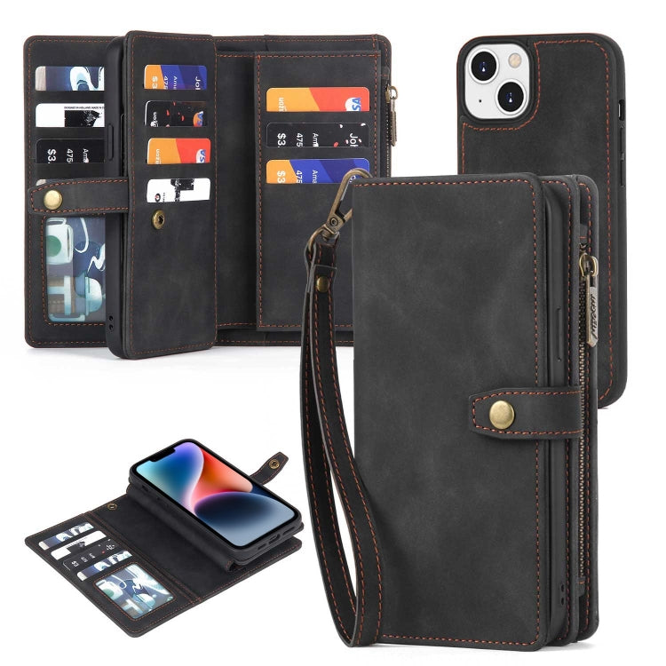 For iPhone 14 Plus Zipper Wallet Magnetic Detachable Leather Phone Case(Black)