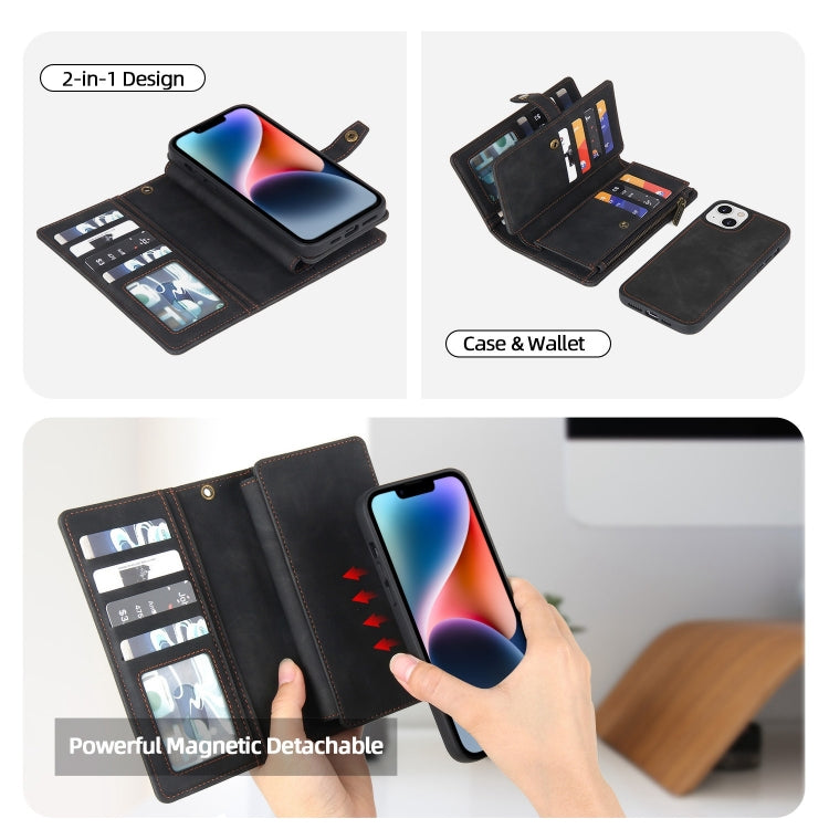 For iPhone 14 Plus Zipper Wallet Magnetic Detachable Leather Phone Case(Black)