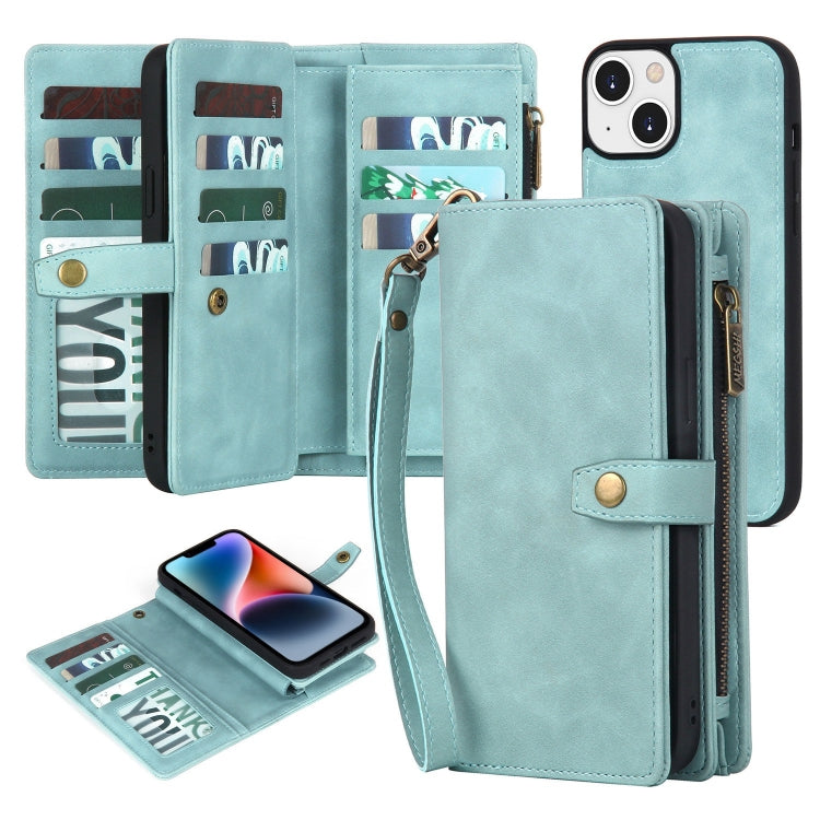 For iPhone 14 Plus Zipper Wallet Magnetic Detachable Leather Phone Case(Blue)