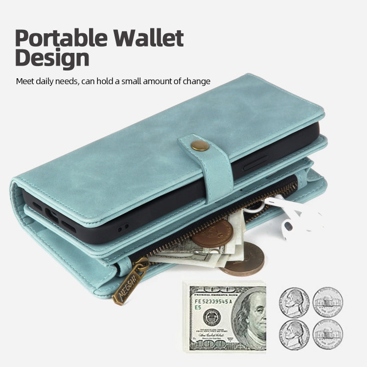 For iPhone 14 Plus Zipper Wallet Magnetic Detachable Leather Phone Case(Blue)