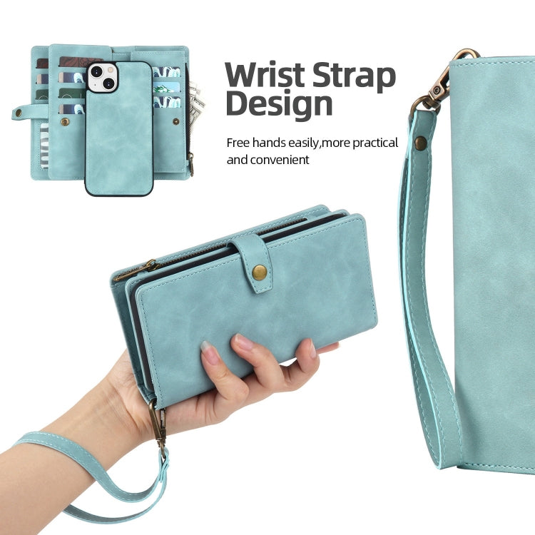 For iPhone 14 Plus Zipper Wallet Magnetic Detachable Leather Phone Case(Blue)