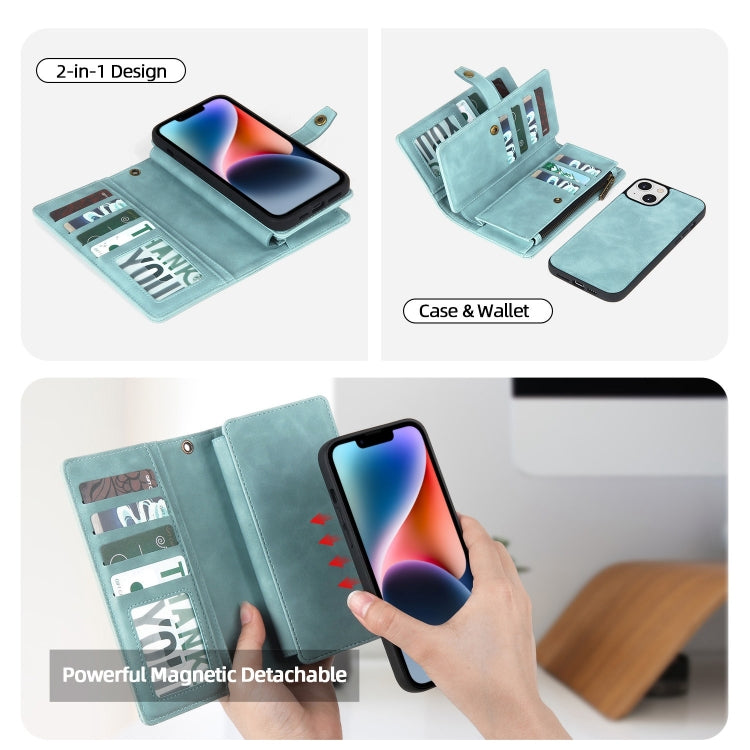 For iPhone 14 Plus Zipper Wallet Magnetic Detachable Leather Phone Case(Blue)