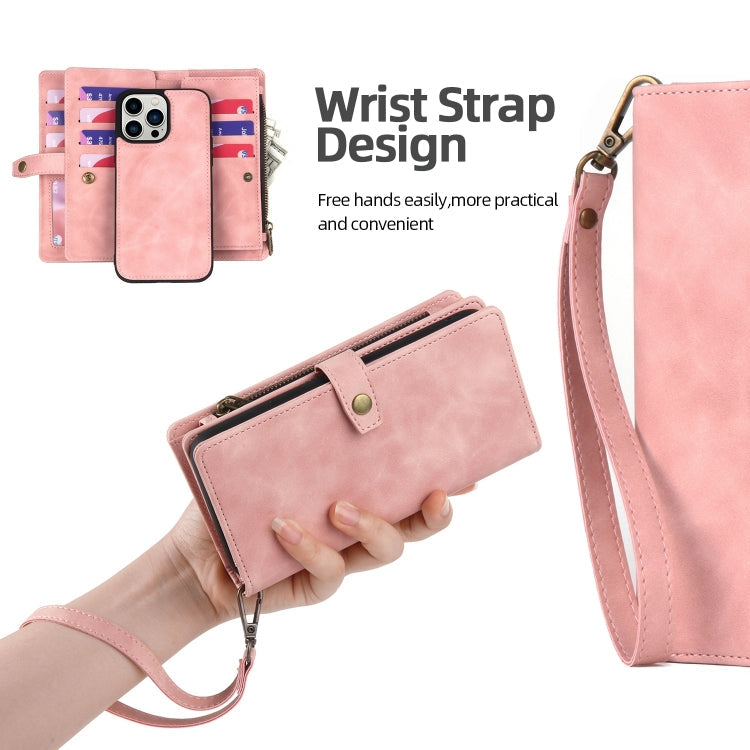 For iPhone 14 Pro Max Zipper Wallet Magnetic Detachable Leather Phone Case(Pink)