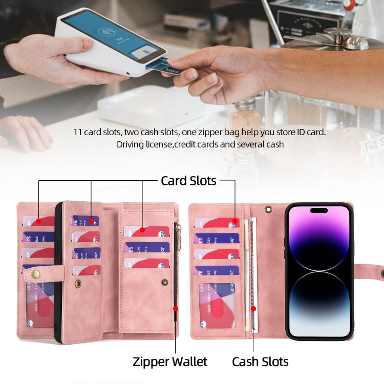 For iPhone 14 Pro Max Zipper Wallet Magnetic Detachable Leather Phone Case(Pink)