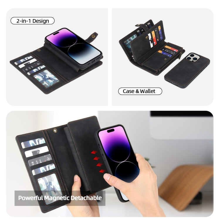 For iPhone 14 Pro Max Zipper Wallet Magnetic Detachable Leather Phone Case(Black)