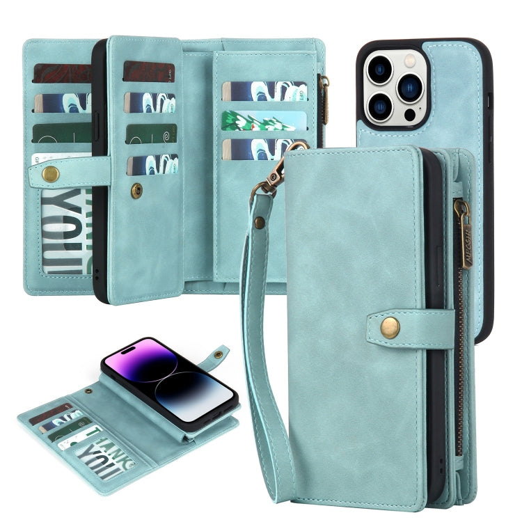 For iPhone 14 Pro Max Zipper Wallet Magnetic Detachable Leather Phone Case(Blue)