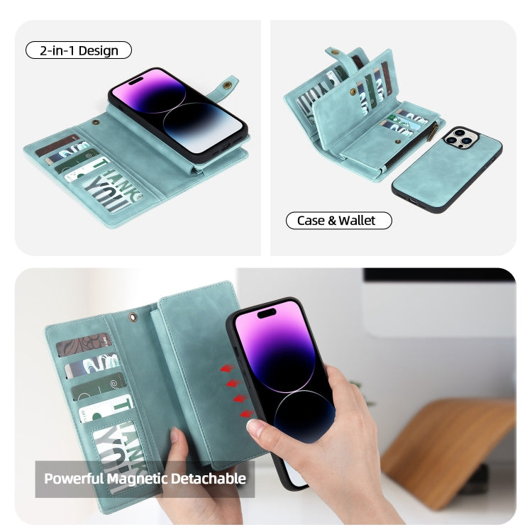 For iPhone 14 Pro Max Zipper Wallet Magnetic Detachable Leather Phone Case(Blue)