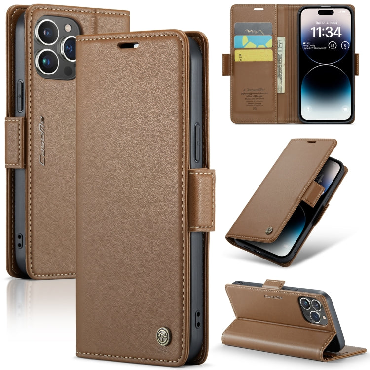 For iPhone 14 Pro CaseMe 023 Butterfly Buckle Litchi Texture RFID Anti-theft Leather Phone Case(Brown)