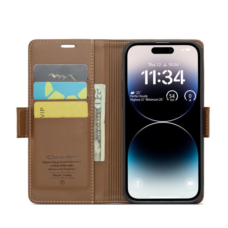 For iPhone 14 Pro CaseMe 023 Butterfly Buckle Litchi Texture RFID Anti-theft Leather Phone Case(Brown)