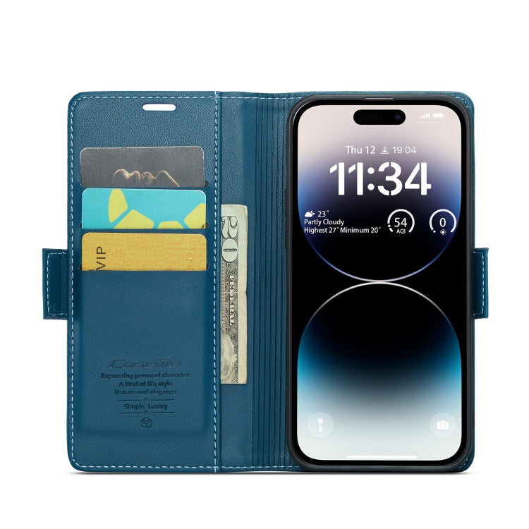 For iPhone 14 Pro CaseMe 023 Butterfly Buckle Litchi Texture RFID Anti-theft Leather Phone Case(Blue)