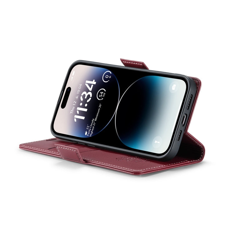 For iPhone 14 Pro Max CaseMe 023 Butterfly Buckle Litchi Texture RFID Anti-theft Leather Phone Case(Wine Red)