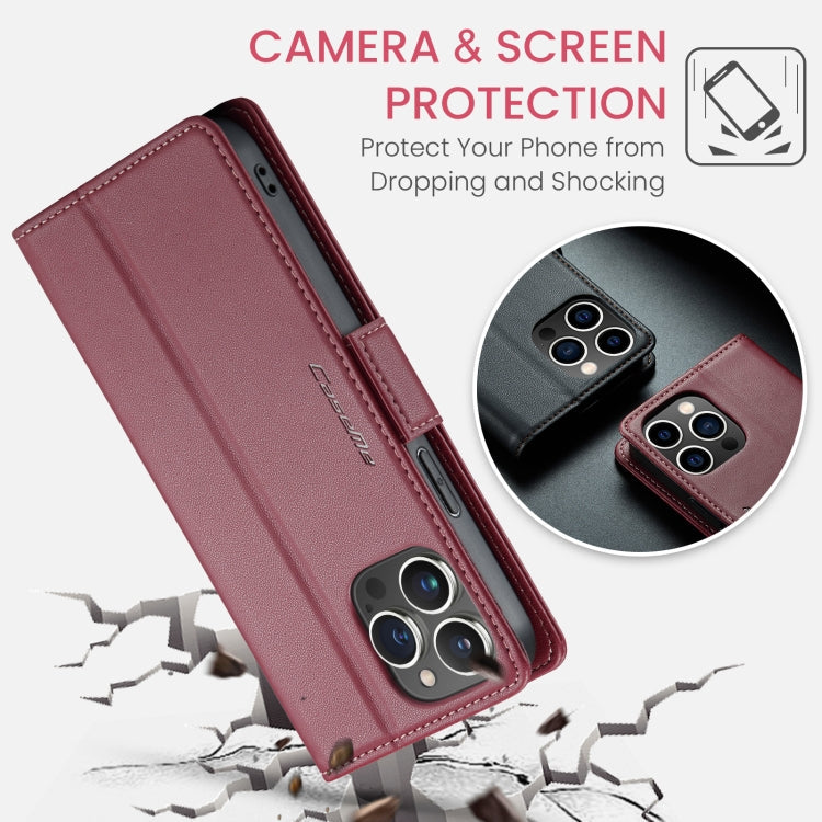 For iPhone 14 Pro Max CaseMe 023 Butterfly Buckle Litchi Texture RFID Anti-theft Leather Phone Case(Wine Red)