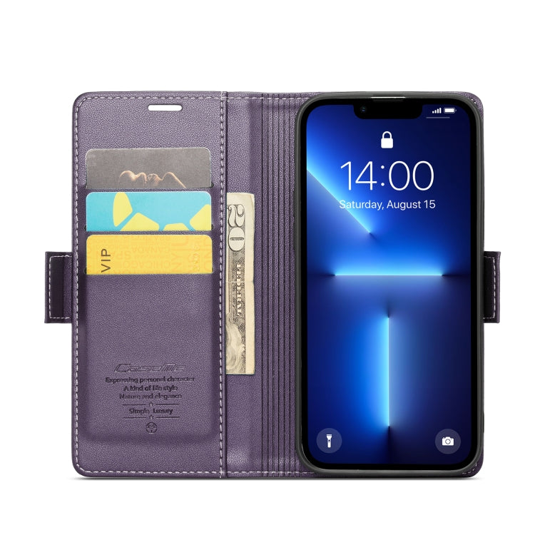 For iPhone 13 Pro CaseMe 023 Butterfly Buckle Litchi Texture RFID Anti-theft Leather Phone Case(Pearly Purple)