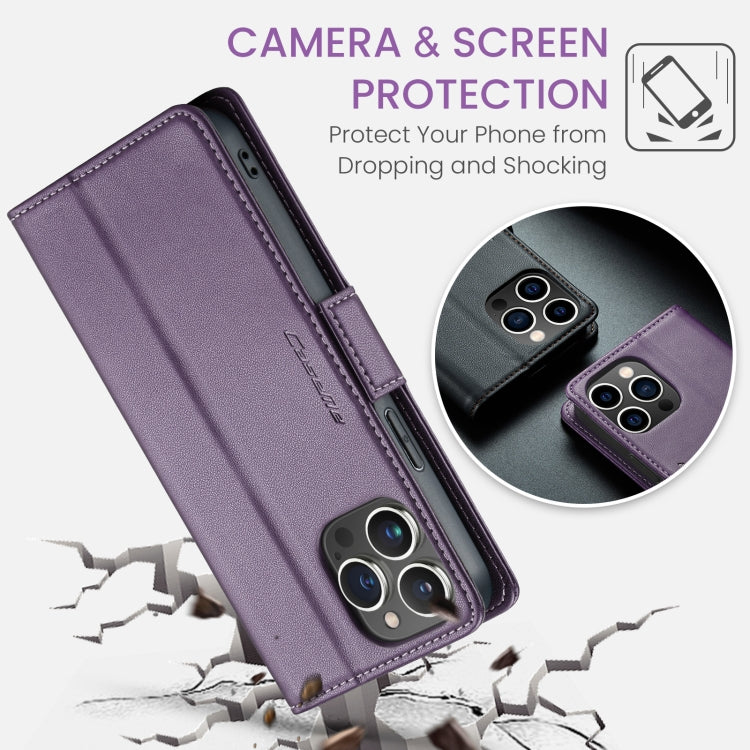 For iPhone 13 Pro CaseMe 023 Butterfly Buckle Litchi Texture RFID Anti-theft Leather Phone Case(Pearly Purple)
