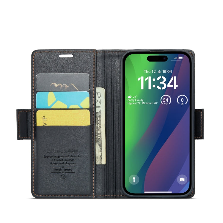 For iPhone 15 Plus CaseMe 023 Butterfly Buckle Litchi Texture RFID Anti-theft Leather Phone Case(Black)