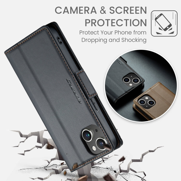 For iPhone 15 Plus CaseMe 023 Butterfly Buckle Litchi Texture RFID Anti-theft Leather Phone Case(Black)