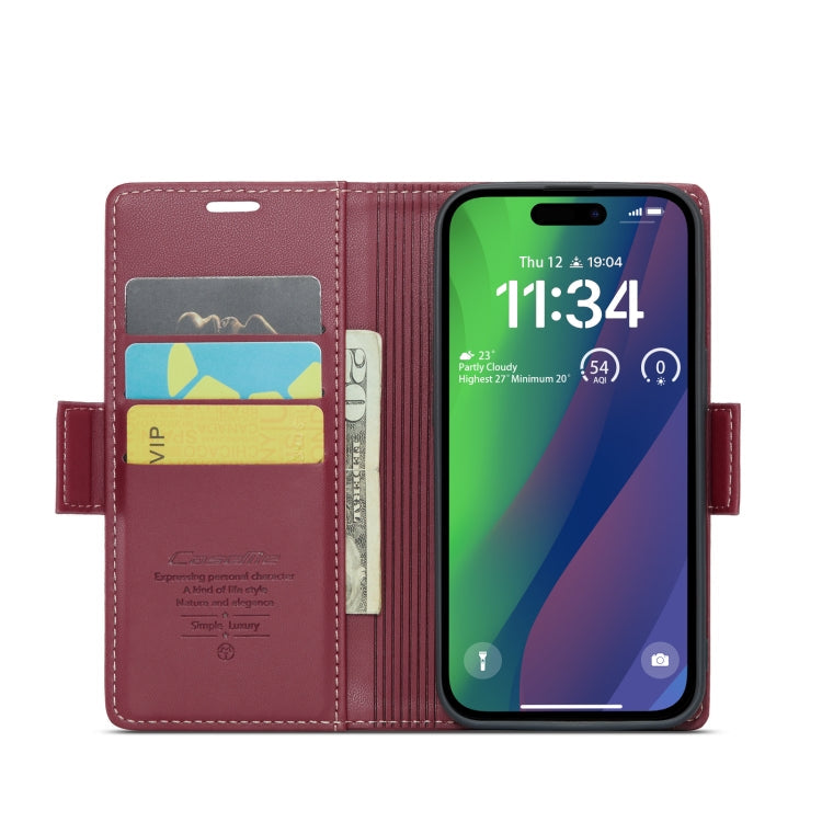 For iPhone 15 CaseMe 023 Butterfly Buckle Litchi Texture RFID Anti-theft Leather Phone Case(Wine Red)