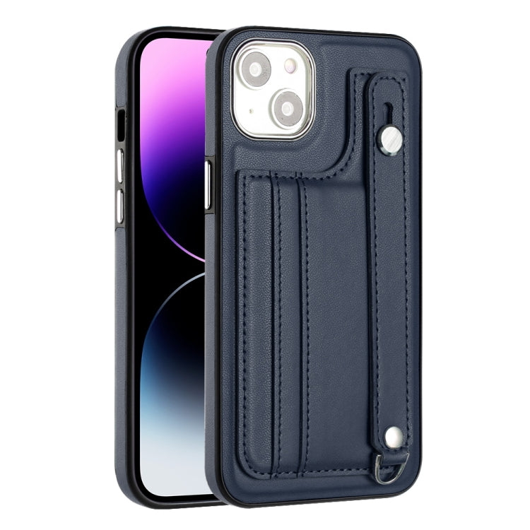 For iPhone 15 Shockproof Leather Phone Case with Wrist Strap(Blue)