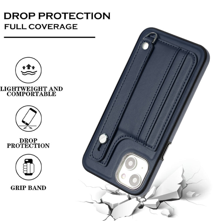 For iPhone 15 Shockproof Leather Phone Case with Wrist Strap(Blue)
