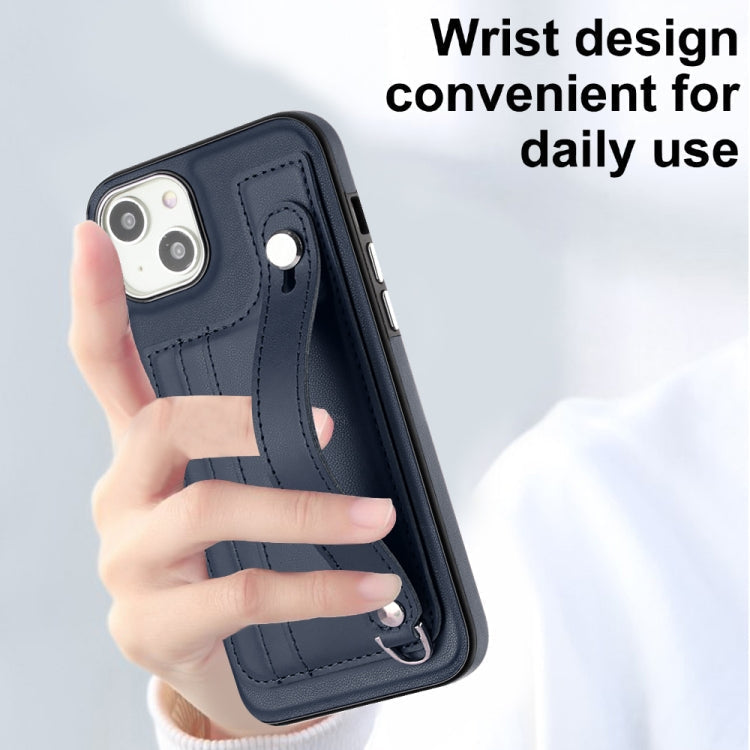 For iPhone 15 Shockproof Leather Phone Case with Wrist Strap(Blue)