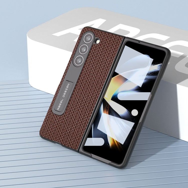 For Samsung Galaxy Z Fold5 ABEEL Integrated Genuine Leather Luxury Series Phone Case with Holder(Coffee)