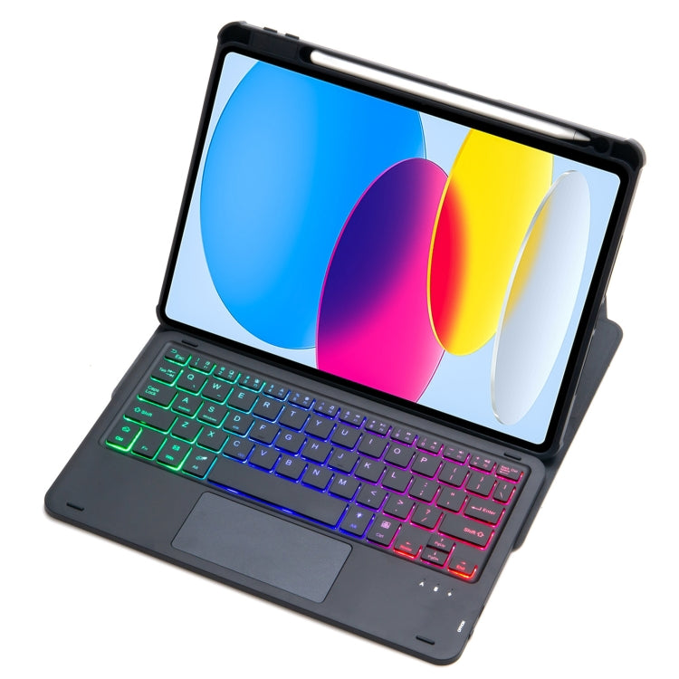For iPad 10th Gen 10.9 2022 F10B-AS 360 Rotation Acrylic Transparent Bluetooth Keyboard Leather Case With Touch Control / Backlight(Black)