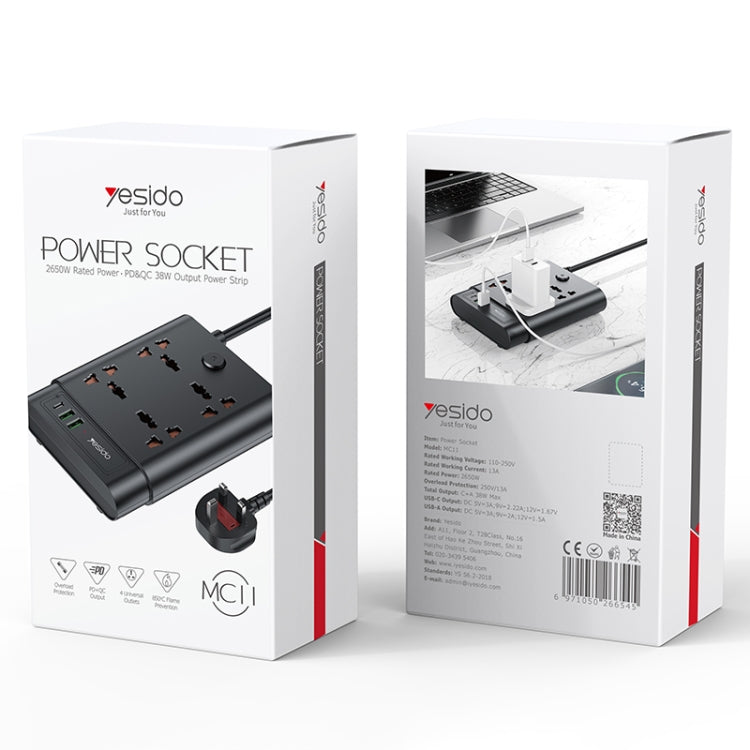 Yesido MC-11 4 Plugs + PD 20W+2 QC3.0 Ports 2650W Multi-functional High Power Socket(UK Plug)
