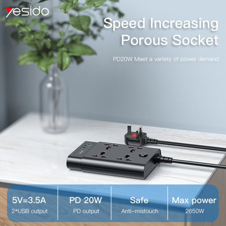 Yesido MC-11 4 Plugs + PD 20W+2 QC3.0 Ports 2650W Multi-functional High Power Socket(UK Plug)