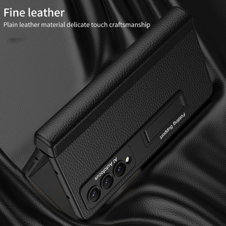 For Samsung Galaxy Z Fold4 GKK Integrated Fold Hinge Leather Phone Case with Holder(Carbon Fibre Black)