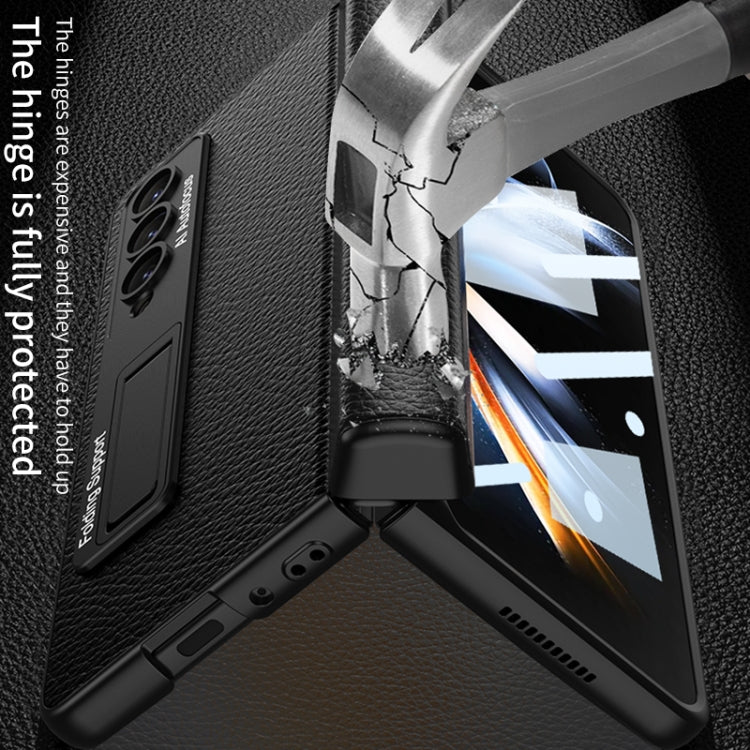 For Samsung Galaxy Z Fold4 GKK Integrated Fold Hinge Leather Phone Case with Holder(Carbon Fibre Black)