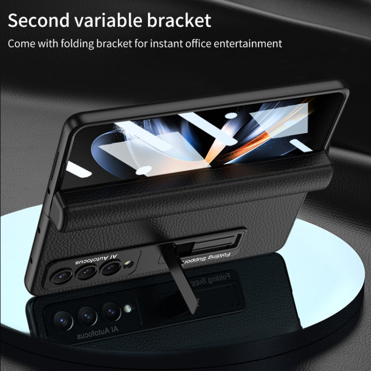 For Samsung Galaxy Z Fold4 GKK Integrated Fold Hinge Leather Phone Case with Holder(Carbon Fibre Black)