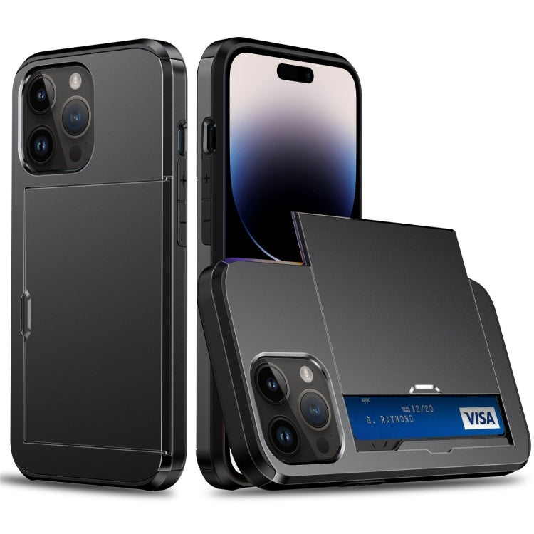 For iPhone 15 Pro Max Shockproof Armor Phone Case with Slide Card Slot(Black)