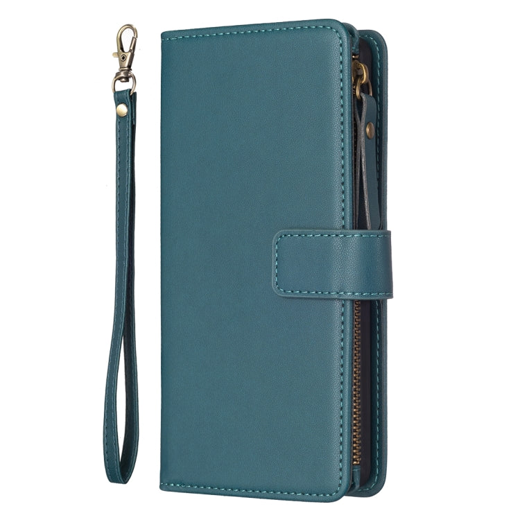 For iPhone 14 Plus 9 Card Slots Zipper Wallet Leather Flip Phone Case(Green)