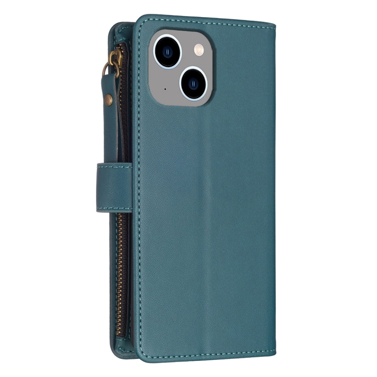For iPhone 14 Plus 9 Card Slots Zipper Wallet Leather Flip Phone Case(Green)